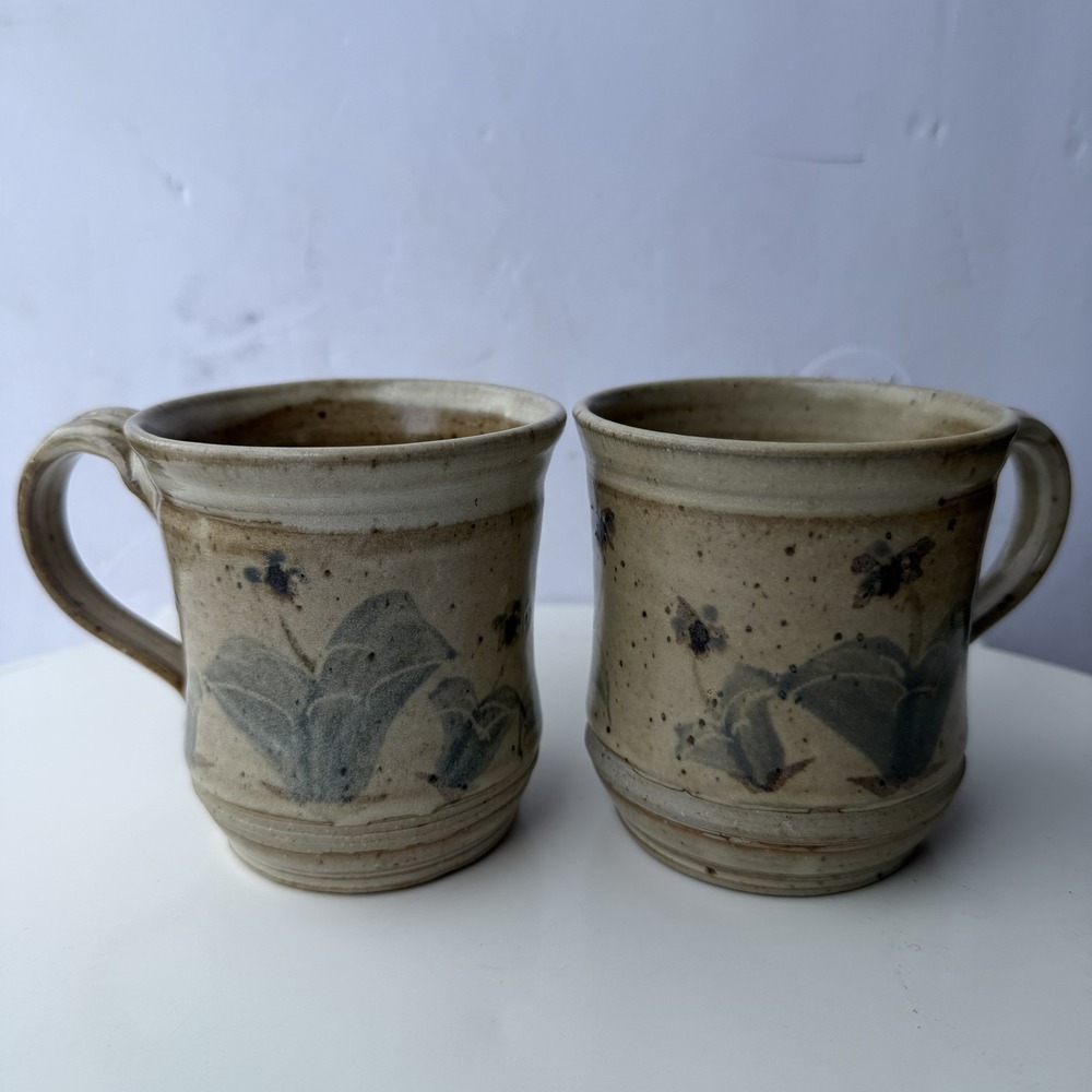 Set of 2 Handmade‎ Studio Pottery Mugs Floral Stoneware Artisan Signed B-11